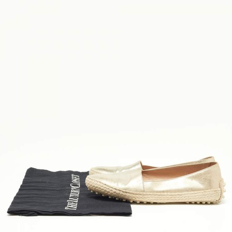 Pre Owned Tod's Metallic Gold Leather Pantofola Espadrille Slip On Sneakers Size 35