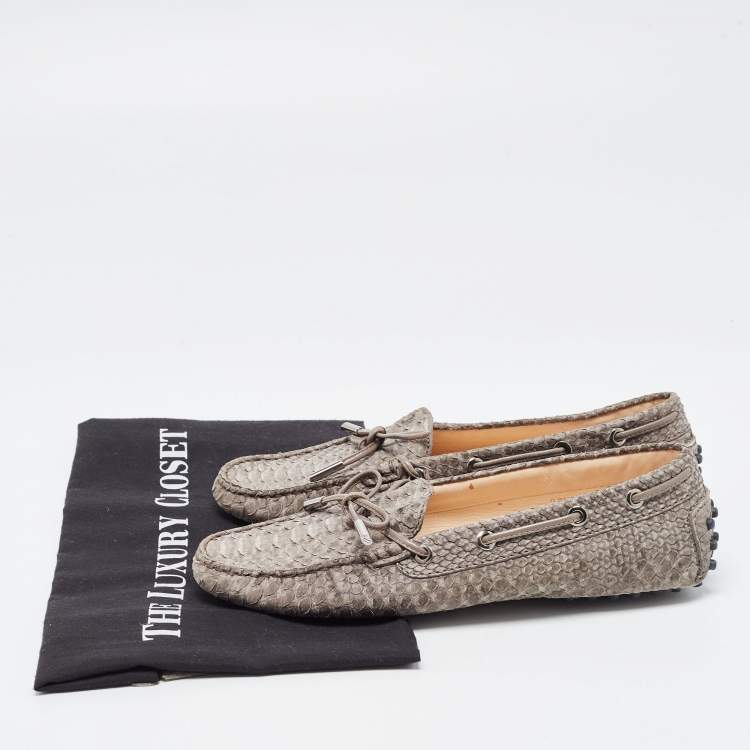 Pre Owned Tod's Dark Grey Leather Python Embossed Penny Loafers Size 37.5