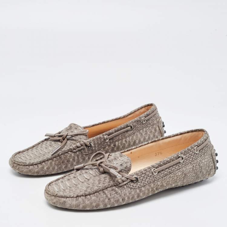 Pre Owned Tod's Dark Grey Leather Python Embossed Penny Loafers Size 37.5