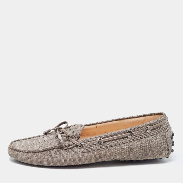Pre Owned Tod's Dark Grey Leather Python Embossed Penny Loafers Size 37.5