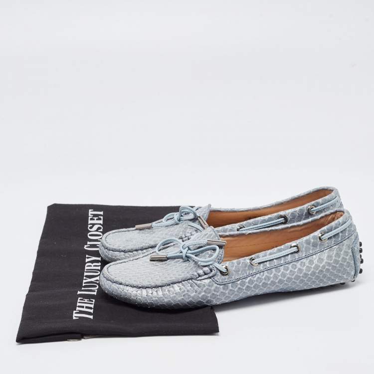 Pre Owned Tod's Grey  Python Leather Bow Detail  Gommino Slip On Loafers Size 37