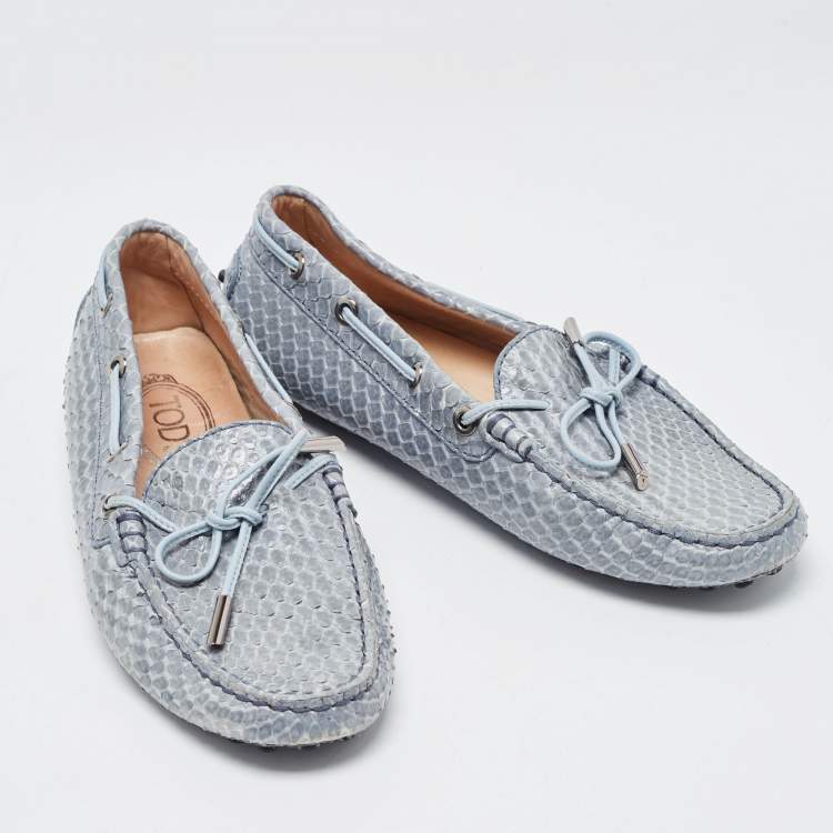 Pre Owned Tod's Grey  Python Leather Bow Detail  Gommino Slip On Loafers Size 37