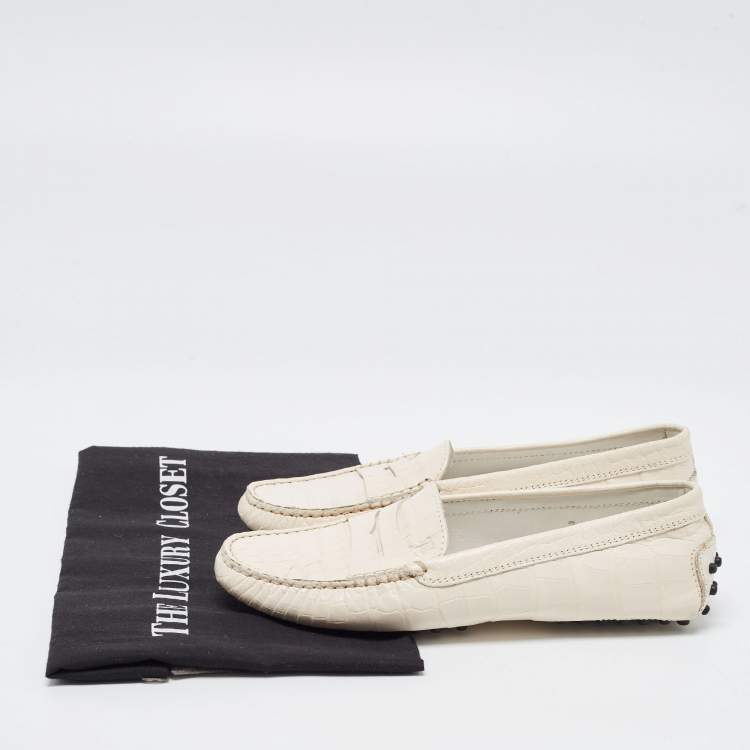 Pre Owned Tod's Cream Leather Croc Embossed Gommino Loafers Size 37.5