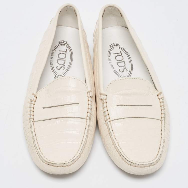 Pre Owned Tod's Cream Leather Croc Embossed Gommino Loafers Size 37.5