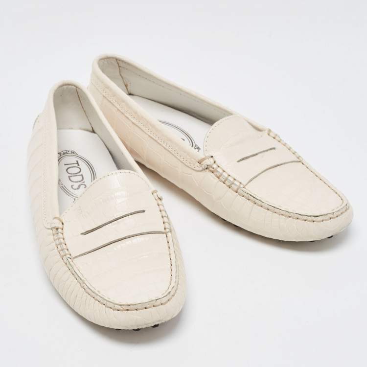 Pre Owned Tod's Cream Leather Croc Embossed Gommino Loafers Size 37.5