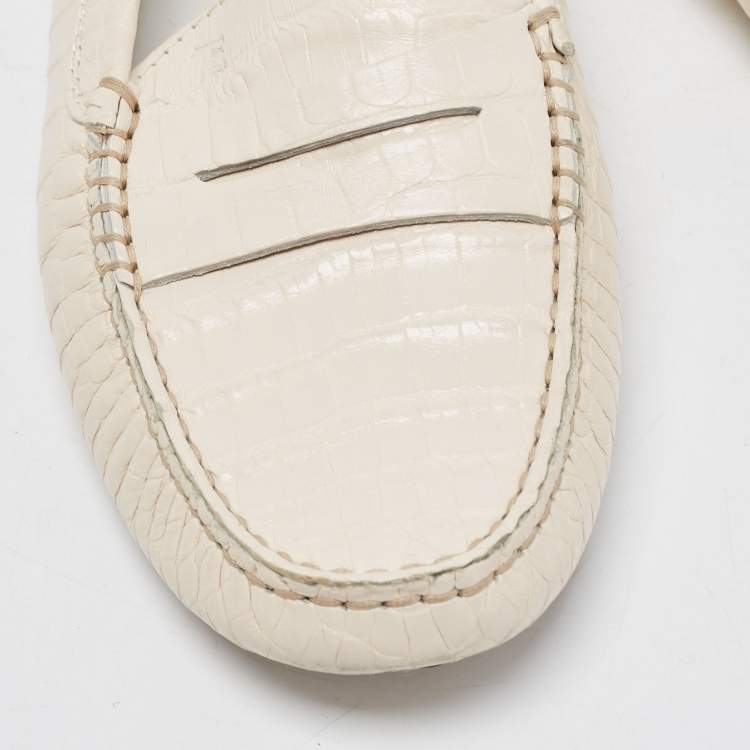Pre Owned Tod's Cream Leather Croc Embossed Gommino Loafers Size 37.5