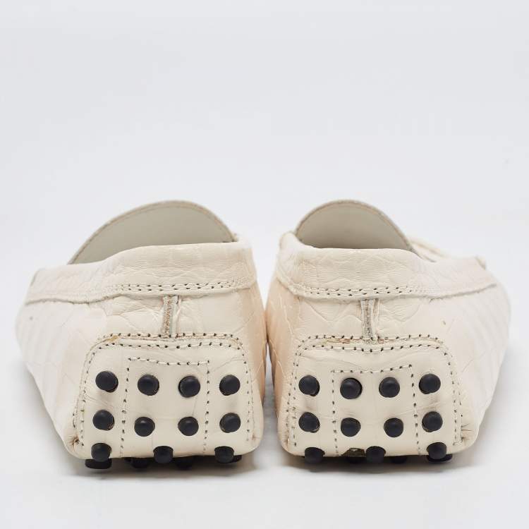 Pre Owned Tod's Cream Leather Croc Embossed Gommino Loafers Size 37.5