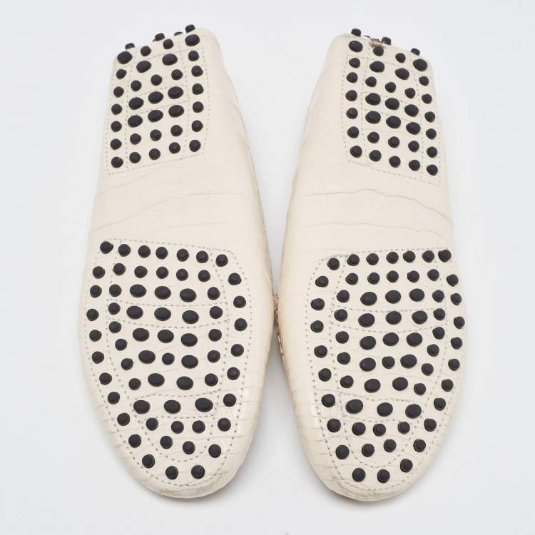 Pre Owned Tod's Cream Leather Croc Embossed Gommino Loafers Size 37.5