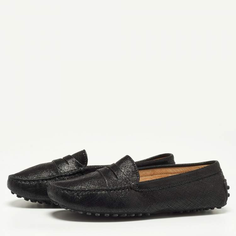 Pre Owned Tod's Black Laminated Suede Penny Loafers Size 35