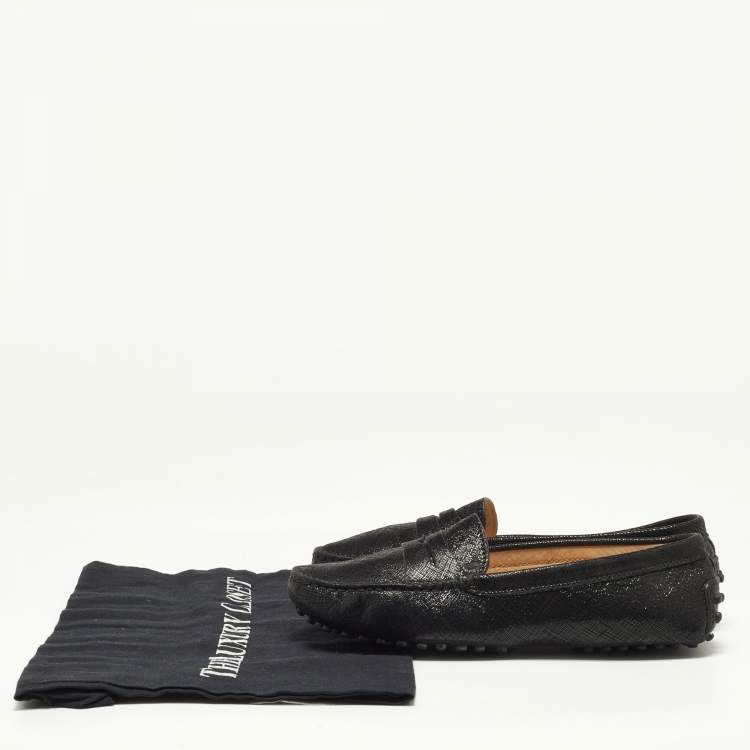 Pre Owned Tod's Black Laminated Suede Penny Loafers Size 35
