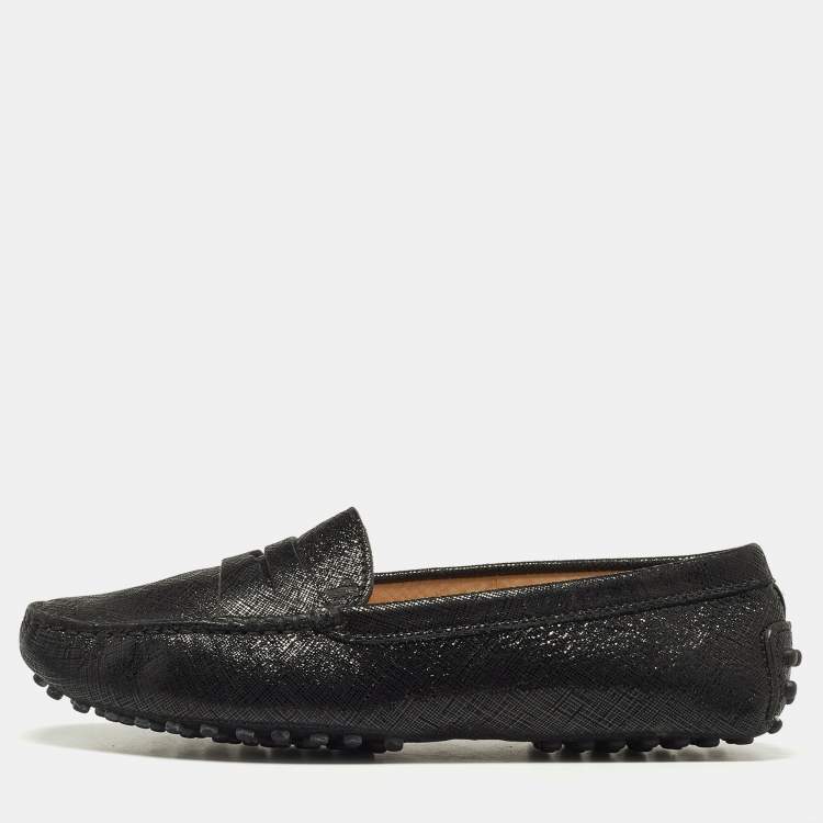 Pre Owned Tod's Black Laminated Suede Penny Loafers Size 35