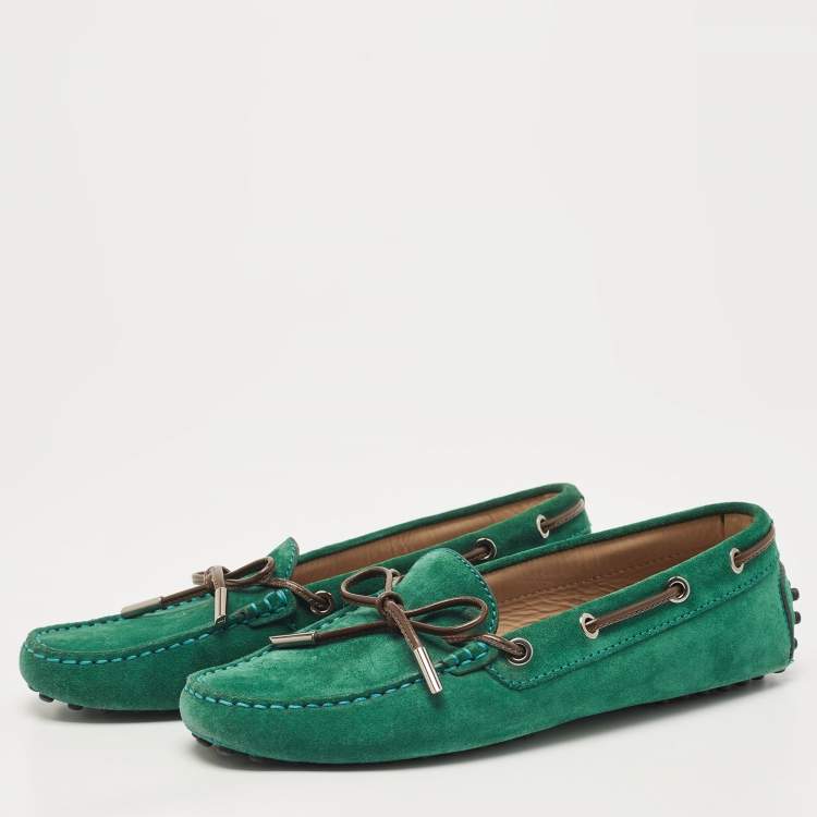 Pre Owned Tod's Green Suede Gommino Bow Slip On Loafers Size 37