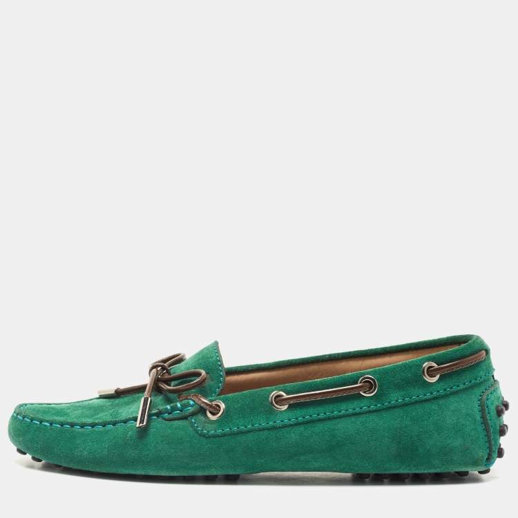 Pre Owned Tod's Green Suede Gommino Bow Slip On Loafers Size 37
