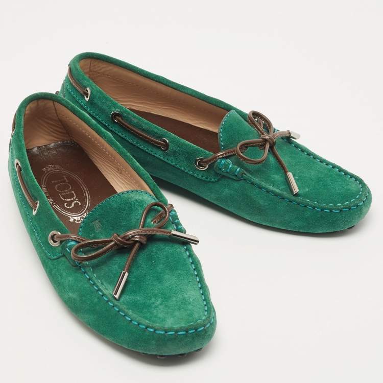Pre Owned Tod's Green Suede Gommino Bow Slip On Loafers Size 37