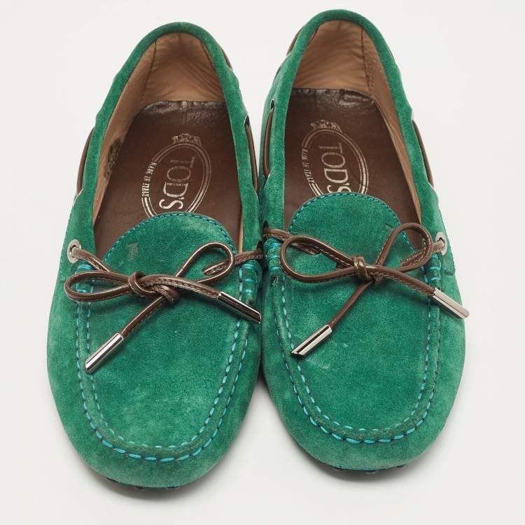 Pre Owned Tod's Green Suede Gommino Bow Slip On Loafers Size 37
