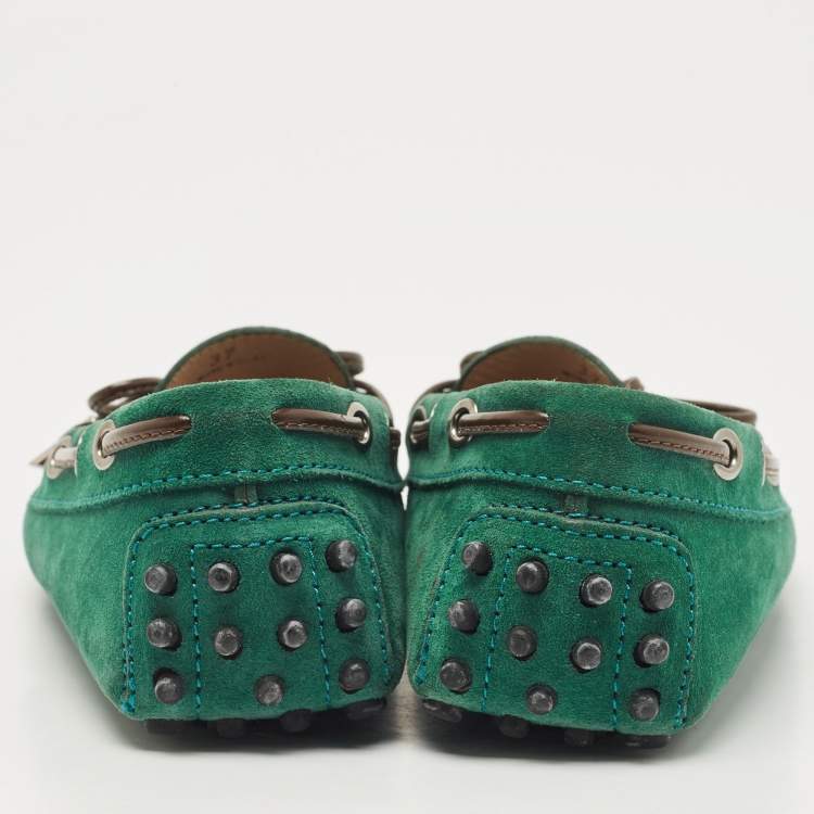 Pre Owned Tod's Green Suede Gommino Bow Slip On Loafers Size 37
