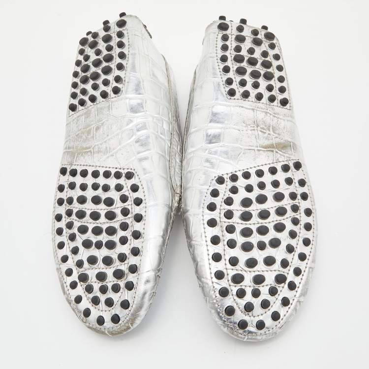 Pre Owned Tod's Silver Croc Embossed Leather Loafers Size 35.5