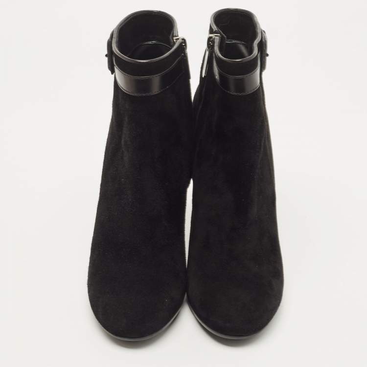 Pre Owned Tod's Black Suede and Leather Buckle Detail Ankle Booties Size 37.5