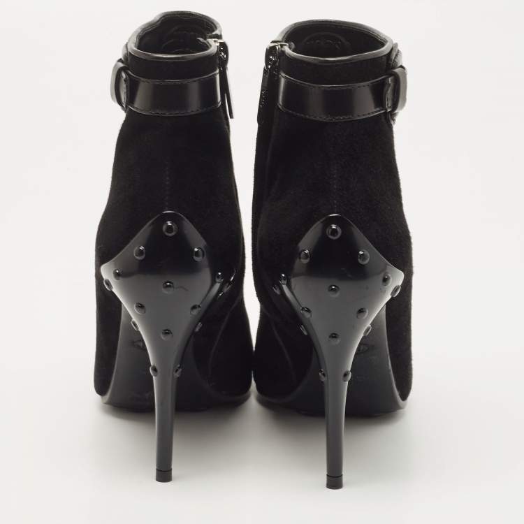Pre Owned Tod's Black Suede and Leather Buckle Detail Ankle Booties Size 37.5