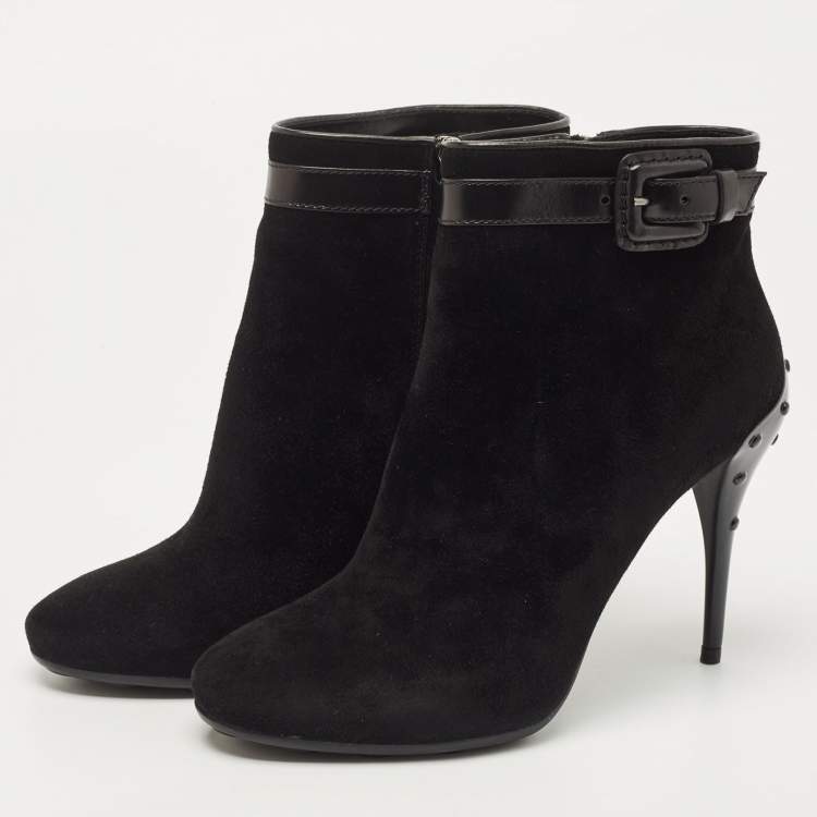 Pre Owned Tod's Black Suede and Leather Buckle Detail Ankle Booties Size 37.5