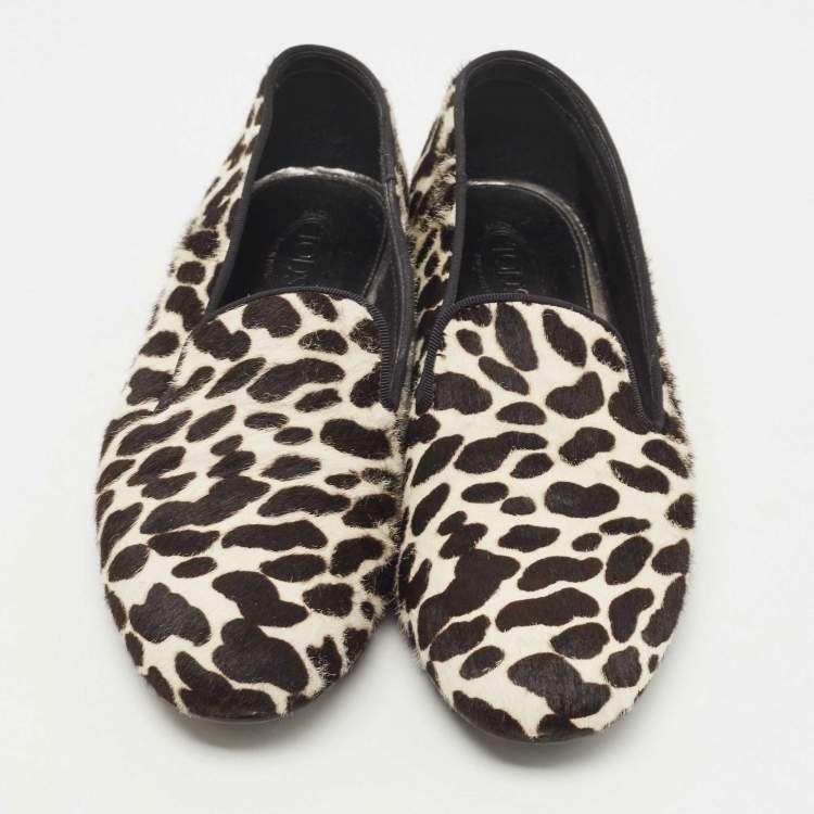 Pre Owned Tod's Black/White Leopard Print Calf Hair Smoking Slippers Size 36.5 