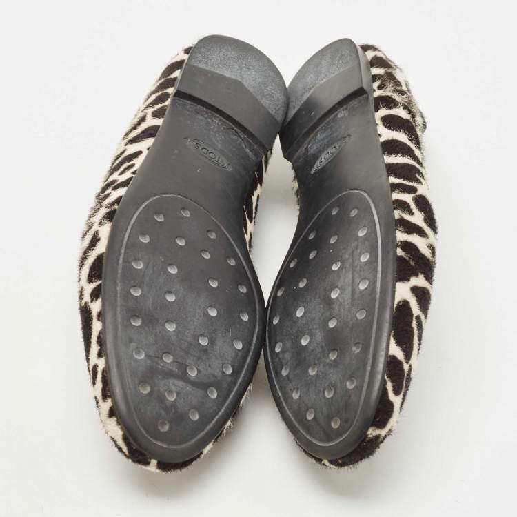 Pre Owned Tod's Black/White Leopard Print Calf Hair Smoking Slippers Size 36.5 