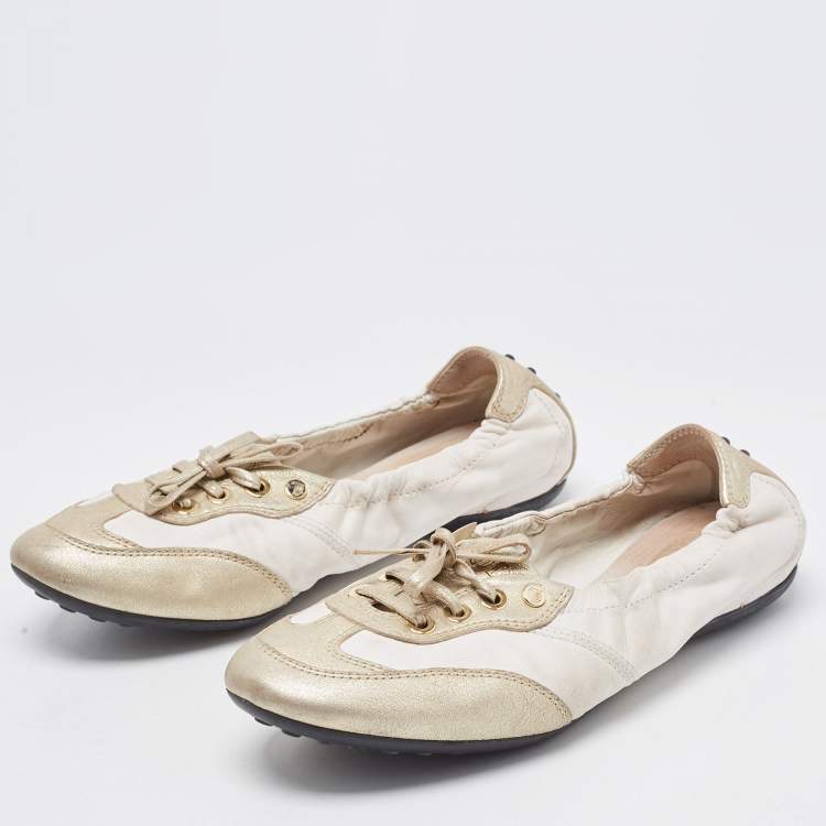 Pre Owned Tod's White/Gold Leather Gomma Lace Up Loafers Size 36