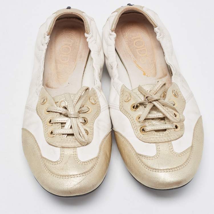 Pre Owned Tod's White/Gold Leather Gomma Lace Up Loafers Size 36