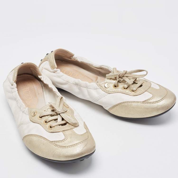 Pre Owned Tod's White/Gold Leather Gomma Lace Up Loafers Size 36