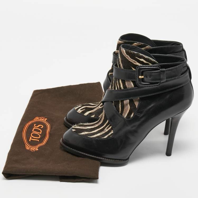 Pre Owned Tod's Black/Brown  Leather and Zebra Print Calf Hair Ankle Boots Size 36