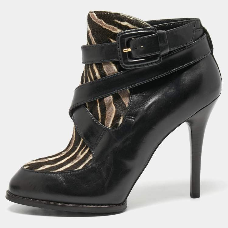 Pre Owned Tod's Black/Brown  Leather and Zebra Print Calf Hair Ankle Boots Size 36