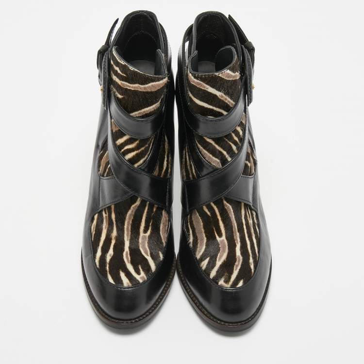 Pre Owned Tod's Black/Brown  Leather and Zebra Print Calf Hair Ankle Boots Size 36