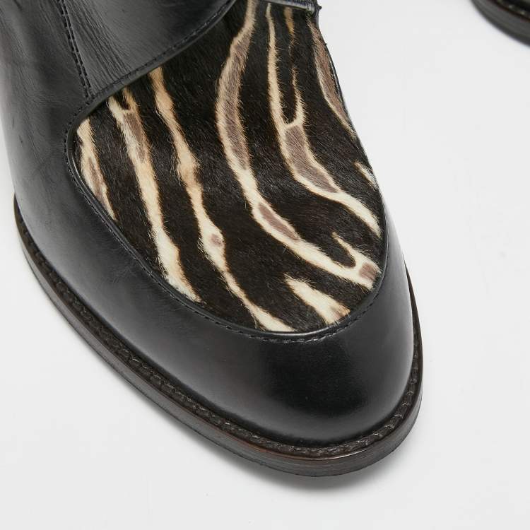 Pre Owned Tod's Black/Brown  Leather and Zebra Print Calf Hair Ankle Boots Size 36