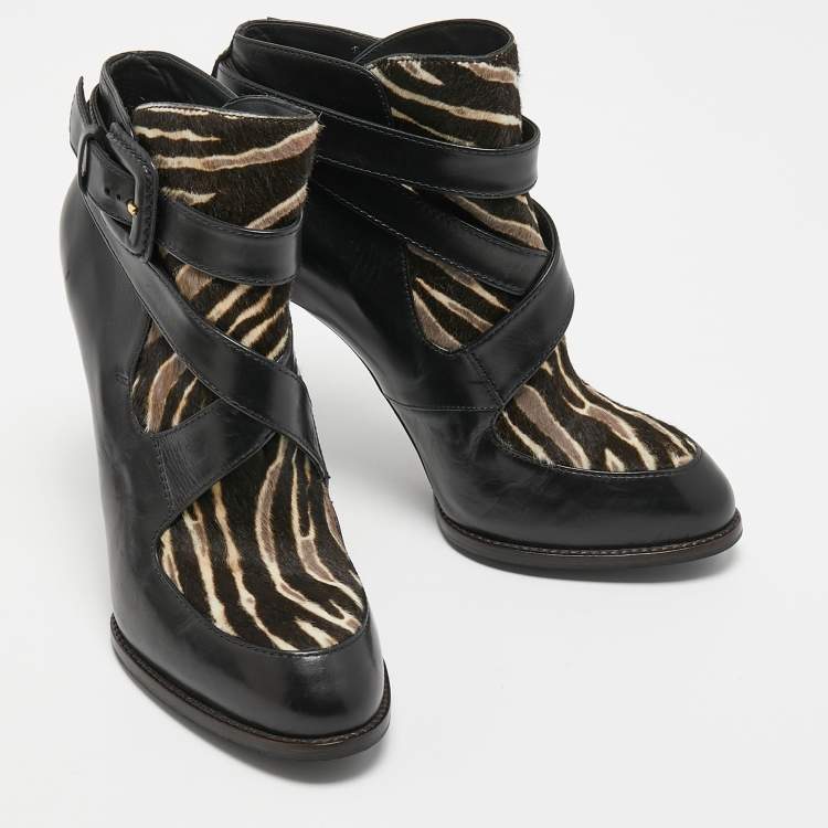 Pre Owned Tod's Black/Brown  Leather and Zebra Print Calf Hair Ankle Boots Size 36