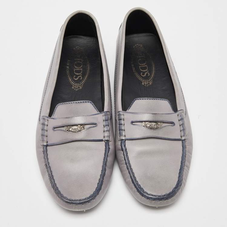 Pre Owned Tod's Grey/Blue Leather Penny Driving Loafers Size 39.5