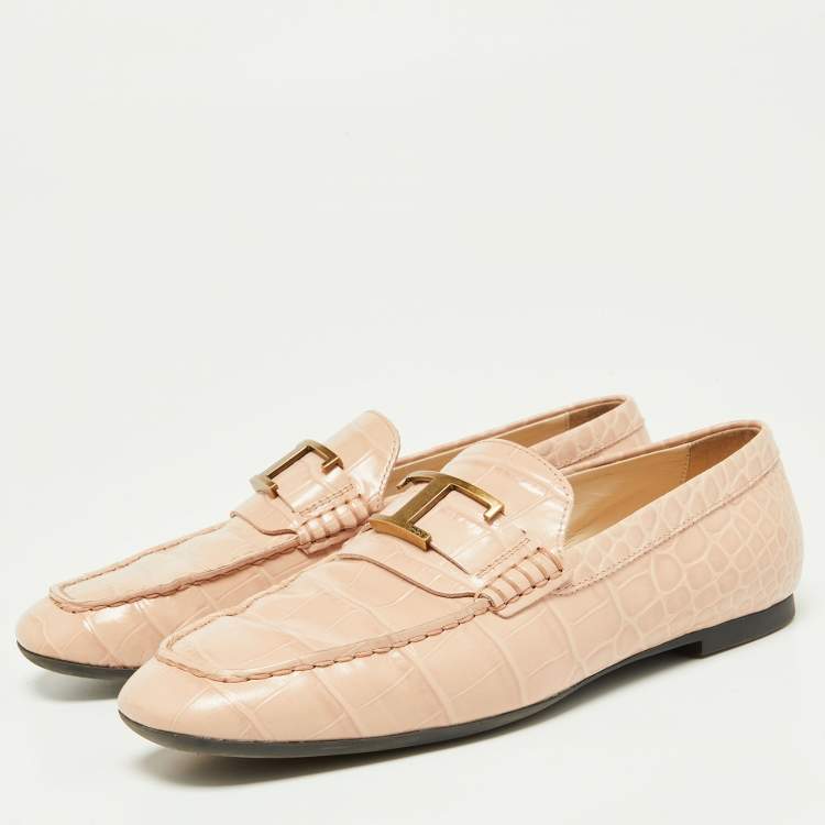 Pre Owned Tod's Pink Croc Embossed Leather T-Logo Slip On Loafers Size 37