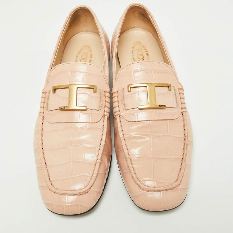 Pre Owned Tod's Pink Croc Embossed Leather T-Logo Slip On Loafers Size 37