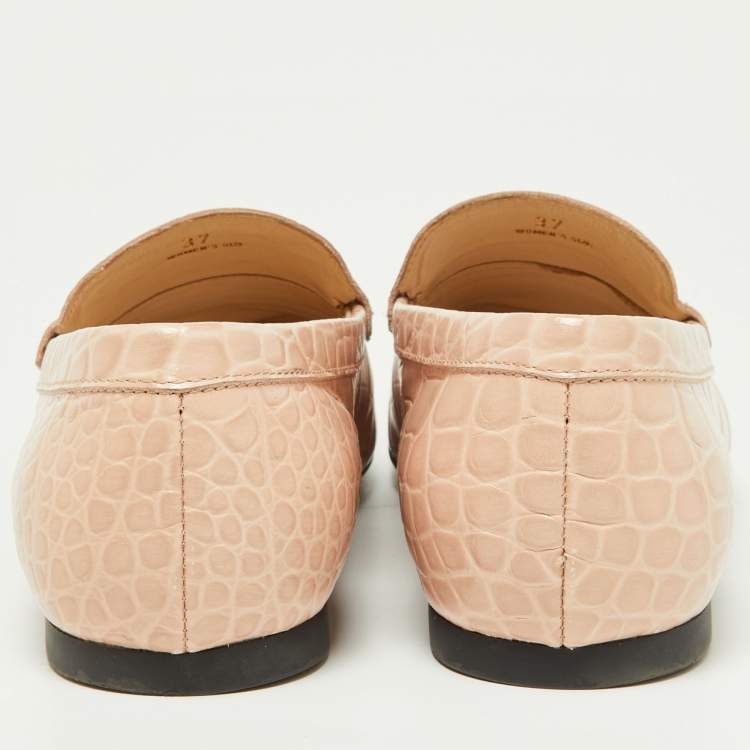 Pre Owned Tod's Pink Croc Embossed Leather T-Logo Slip On Loafers Size 37