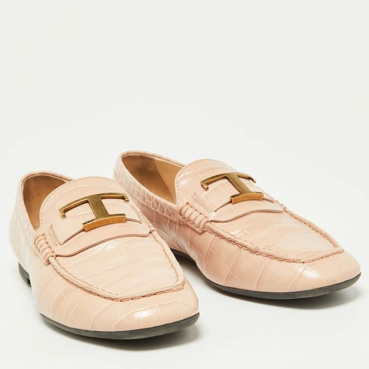 Pre Owned Tod's Pink Croc Embossed Leather T-Logo Slip On Loafers Size 37