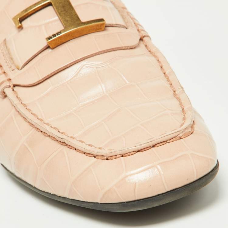 Pre Owned Tod's Pink Croc Embossed Leather T-Logo Slip On Loafers Size 37