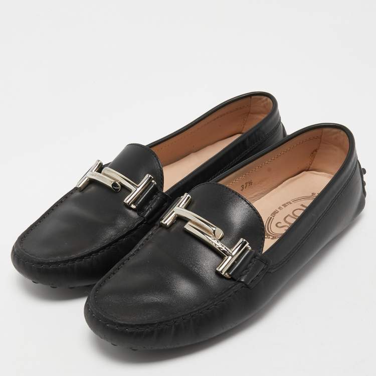 Pre Owned Tod's Black Leather Gommino Driving Loafers Size 37.5