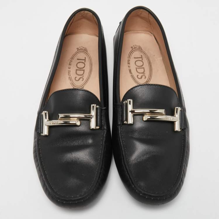 Pre Owned Tod's Black Leather Gommino Driving Loafers Size 37.5