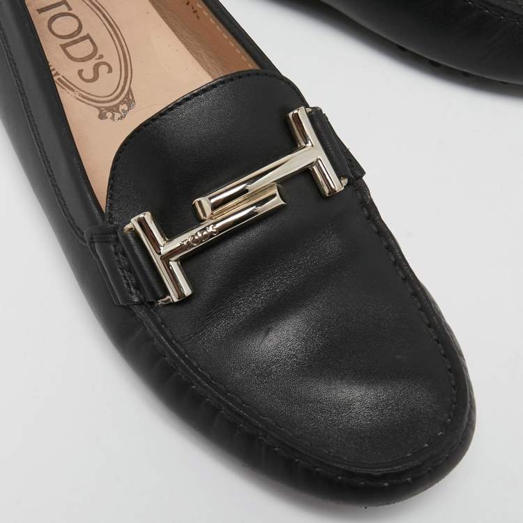 Pre Owned Tod's Black Leather Gommino Driving Loafers Size 37.5
