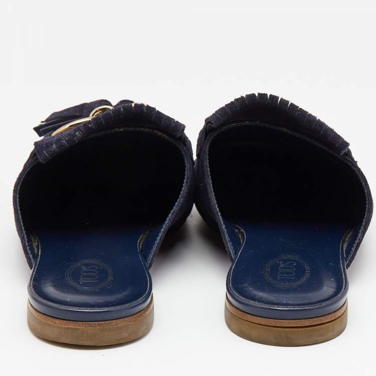 Pre Owned Tod's Navy Blue Suede Tassel Fringe Flat Mules Size 37