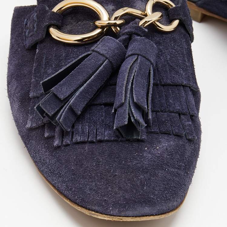 Pre Owned Tod's Navy Blue Suede Tassel Fringe Flat Mules Size 37