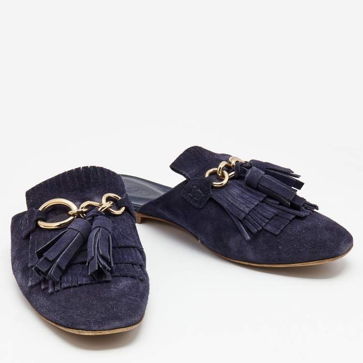 Pre Owned Tod's Navy Blue Suede Tassel Fringe Flat Mules Size 37