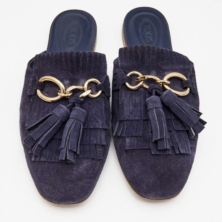 Pre Owned Tod's Navy Blue Suede Tassel Fringe Flat Mules Size 37