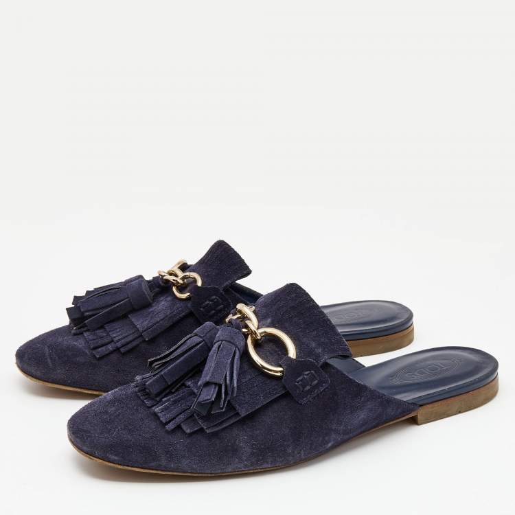 Pre Owned Tod's Navy Blue Suede Tassel Fringe Flat Mules Size 37