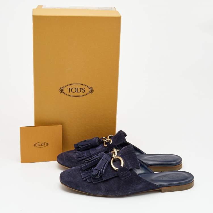 Pre Owned Tod's Navy Blue Suede Tassel Fringe Flat Mules Size 37