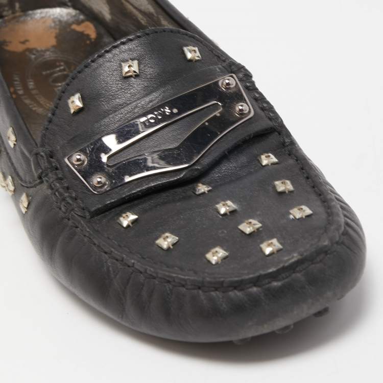 Pre Owned Tod's Black Leather Crystal Embellished Penny Loafers Size 37